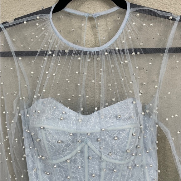 New Mac Duggal Sample Fit Flare Mini Corset Dress Light Blue Pearl Accent Sz 2 - Picture 4 of 14